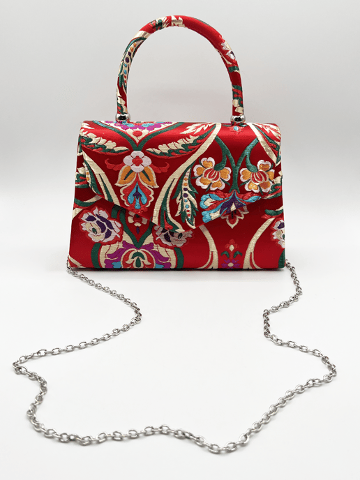 Red Satin Embroidered Top Handle Bag