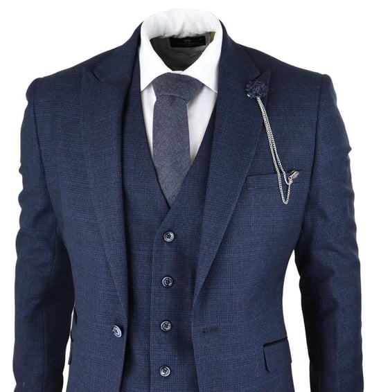 Heren 3-delig marineblauw geruit tweed retro klassiek pak - Image 5