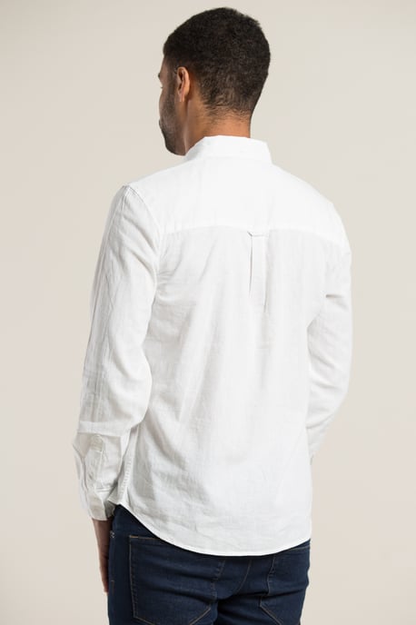 White Linen Blend Long Sleeve Button-Up Shirt With Chest Pocket - Image 2