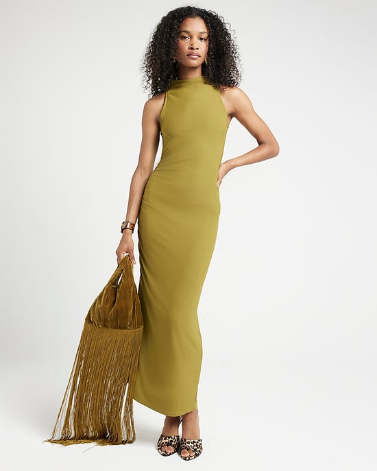 River Island Womens Bodycon Midi Dress Green Ruched High Neck