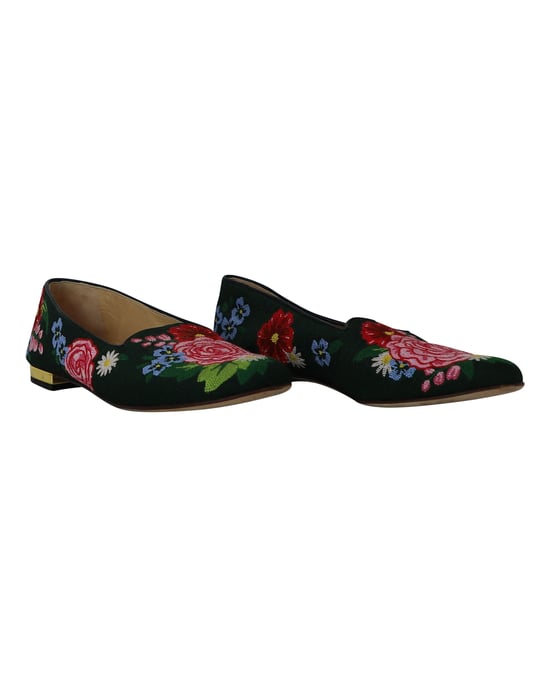 Charlotte Olympia Rozenhof Bloemig Geborduurde Instappers in Groene Stof - Image 3