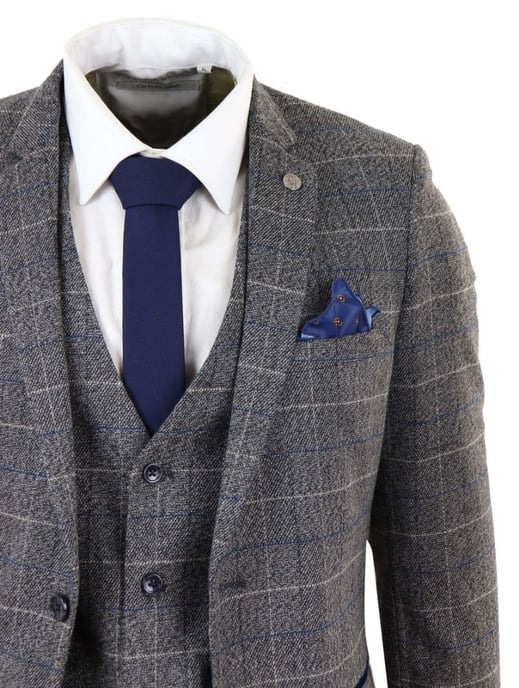Heren 3-delig grijs met blauw geruit vintage klassiek pak - Image 5
