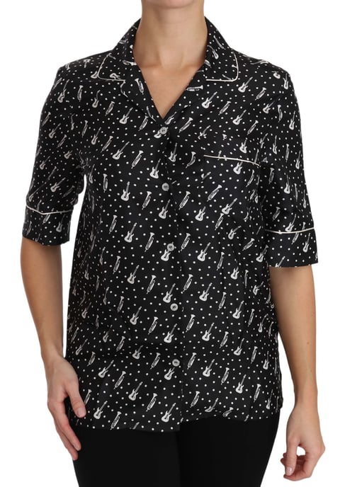 Dolce & Gabbana Dames Zwarte Gitaar & Trompet Print Zijde Blouse - Image 5