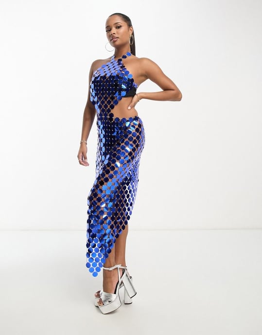 Simmi Petite sequin disc chainmail maxi dress with open back in blue