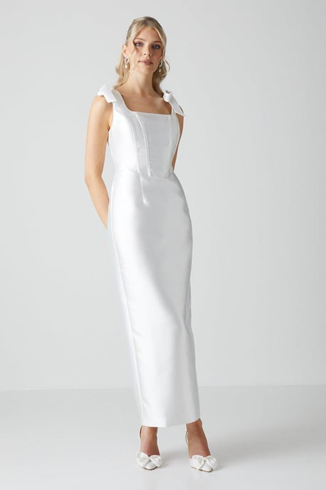 Tie Shoulder Corseted Satin Column Dress