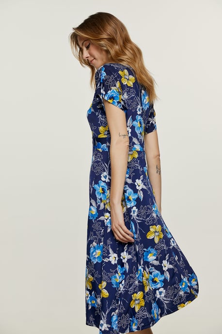 Print Navy Knot Detail Midi Dress