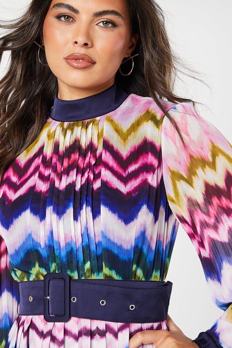 Stripe Print Pleated Long Sleeve Midi Dress