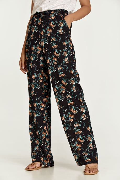 Zwarte gebloemde broek met wijde pijpen - Image 3
