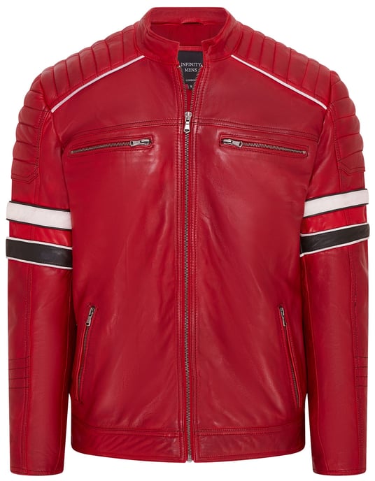 Mens Red Quilted Leather Biker Racing Jacket- Brevik