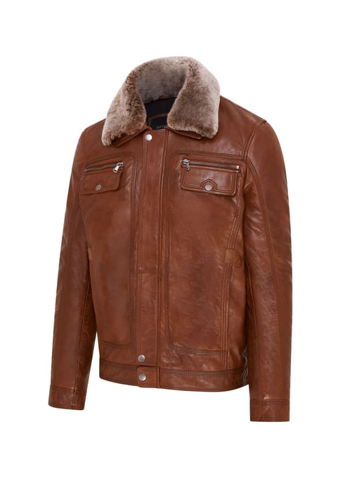 Mens Tan Trucker Shirt Leather Jacket- Tornio