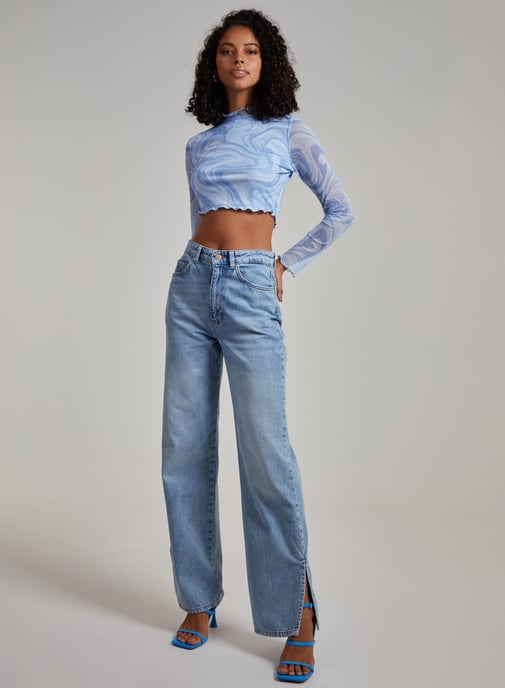Marble Swirl Long Sleeve Mesh Crop Top