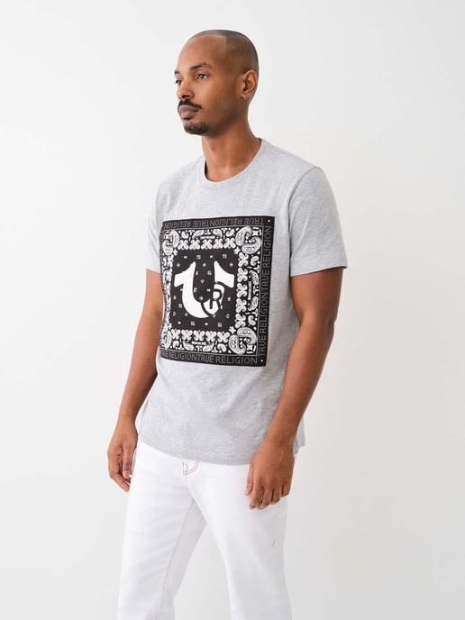Short Sleeve Fray Twill Applique Tee in Grey