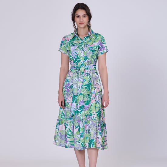 Tropical print midi shirt dress
