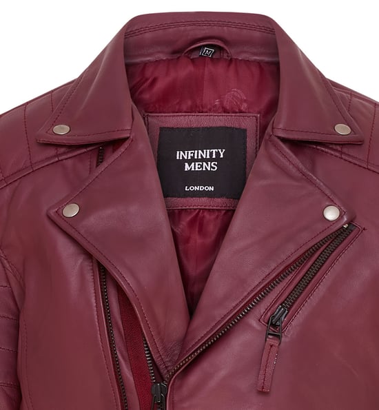 Mens Burgundy Brando Double Cross Zip Leather Biker Jacket- Fagernes
