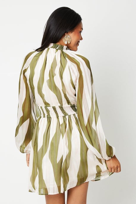 Printed High Neck Blouson Sleeve Mini Dress - Image 3