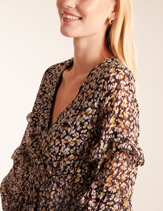 V Neck Frill Sleeve Wrap Midi Dress