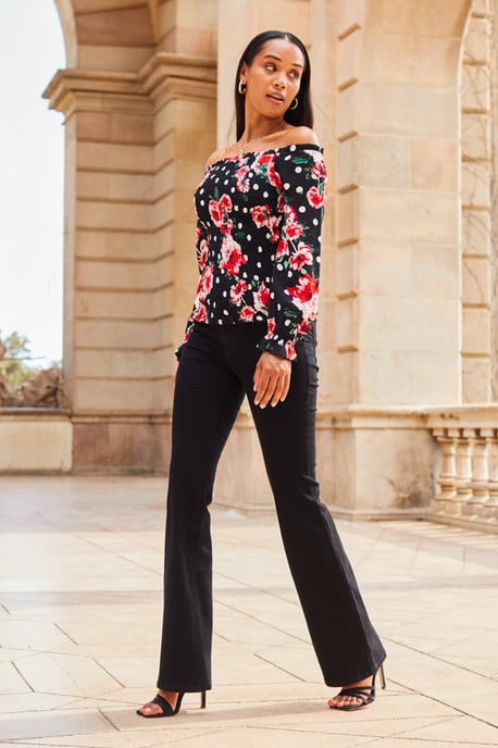 Black & Pink Floral Print Shirred Body Bardot Top