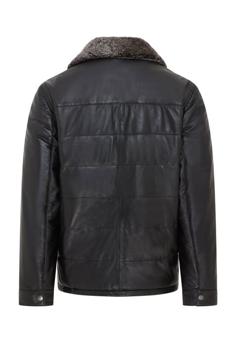 Mens Black Leather Puffer Quilted Jacket - Farsund