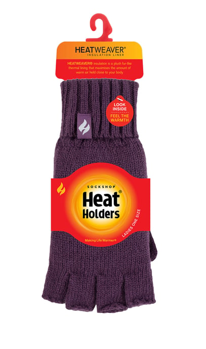 Heat Holders - Solide gebreide vingerloze dameshandschoenen - Paarse Vaste Stof - Image 2