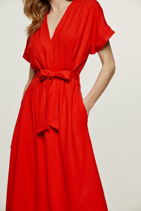 Red Jersey Belted Midi Dress