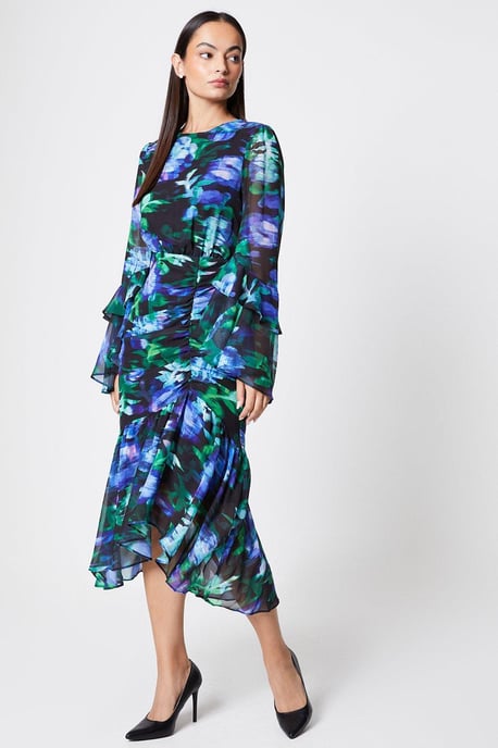 Ruched Skirt Flute Sleeve Midi Dress