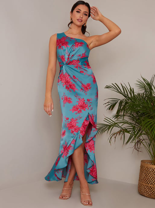 One Shoulder Floral Printed Midi Dress in Teal