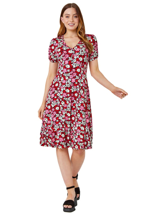 Floral Print Stretch Jersey Tea Dress