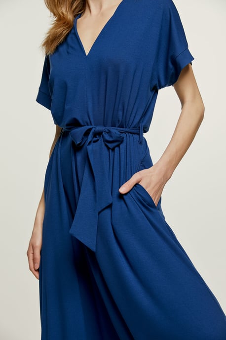 Blue Jersey Belted Midi Dress