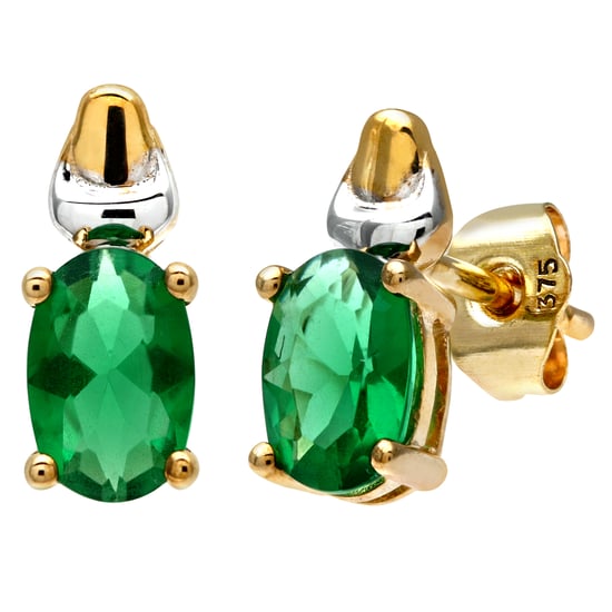 9ct Yellow and White Gold Ladies Cubic Zirconia Created Emerald Birth Stone Earrings