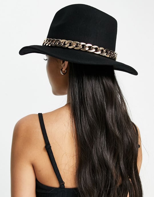 ASOS DESIGN felt fedora hat with chain band and size adjuster in black