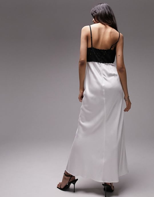 Topshop broderie bodice midi slip dress in mono-Black