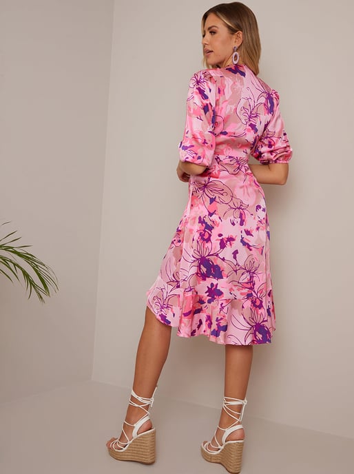Tie Front Floral Abstract Dip Hem Dress in Pink