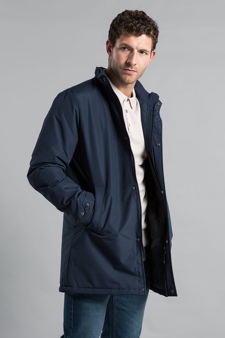 Navy Funnel Neck Button-Up Coat