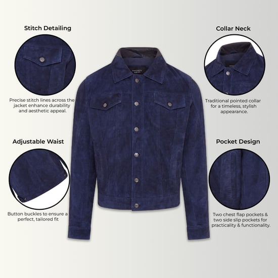 Mens Navy Blue Goat Suede Leather Jeans Jacket- Nurmes