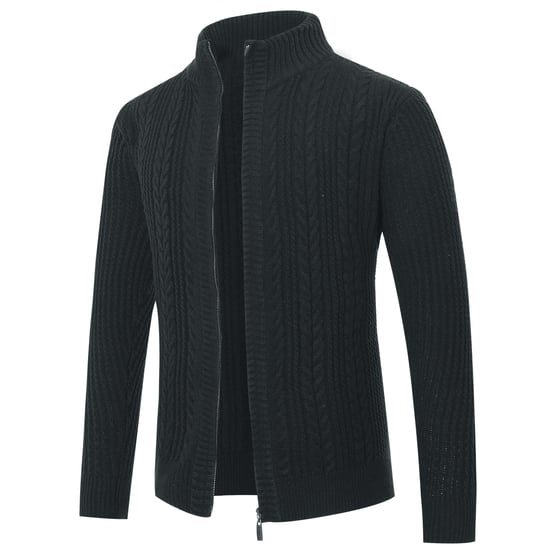 Men's Cardigan with Zip Cardigan Chunky Knit with Stand-Up Collar Black