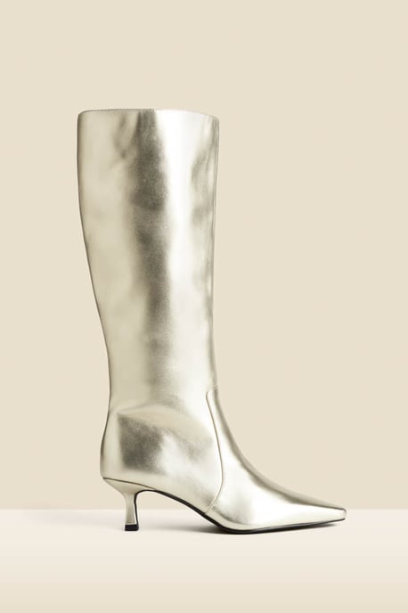 Gold Knee High Low Heel Boots