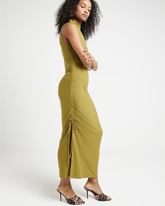 River Island Womens Bodycon Midi Dress Green Ruched High Neck
