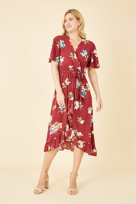 Red Floral Dip Hem Wrap Midi Dress