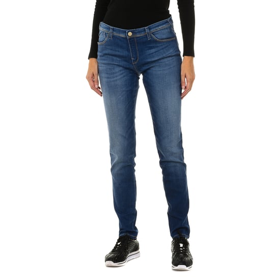 Women's long worn-effect denim pants made of stretch fabric 3Y5J28-5D0ZZ