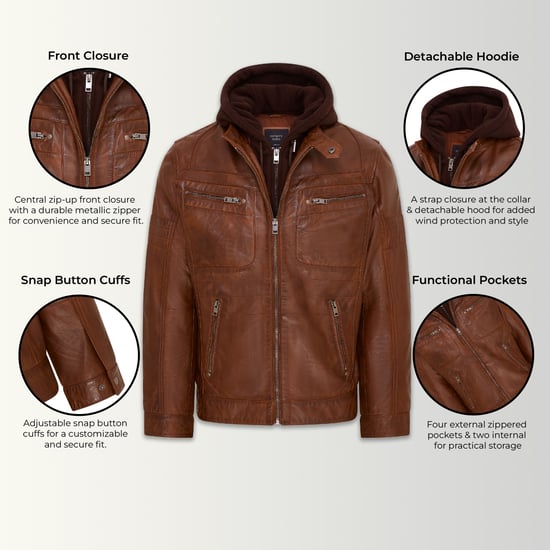 Mens Brown Hooded Leather Biker Jacket - Stavern