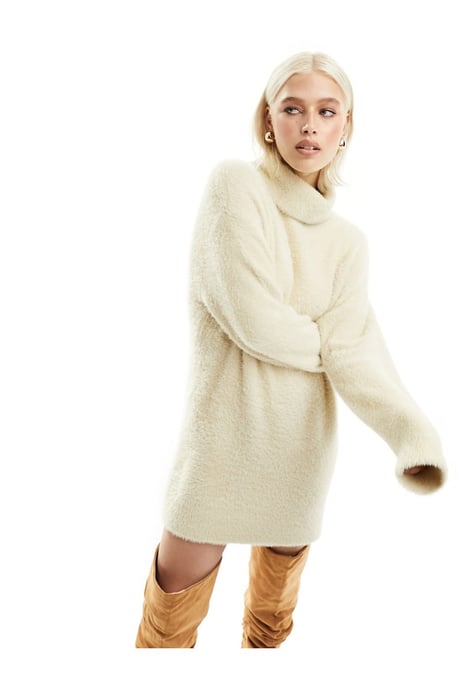ASOS DESIGN knitted mini dress in cosy yarn with high neck in stone-Neutral