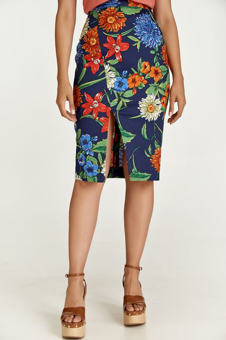 Floral Cotton Pencil Skirt in Red, Blue and Green Shades
