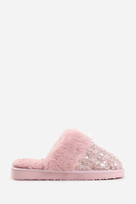 Wheres That From Womens 'Snuggle' Slip On Sequin Slippers With Fur Trim