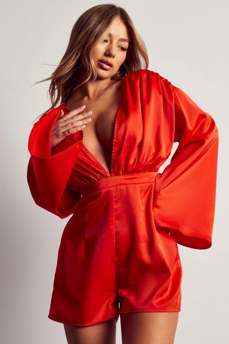 Ruched Shoulder Tie Back Satin Playsuit
