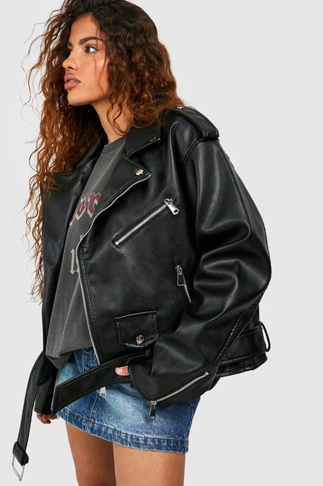 Petite Faux Leather Oversized Biker Jacket - Image 4