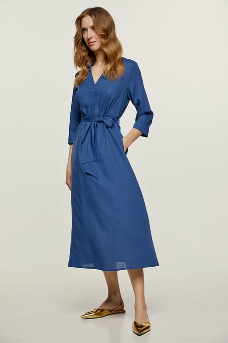 Blauwe Linnen Midi Jurk met Riem - Image 5