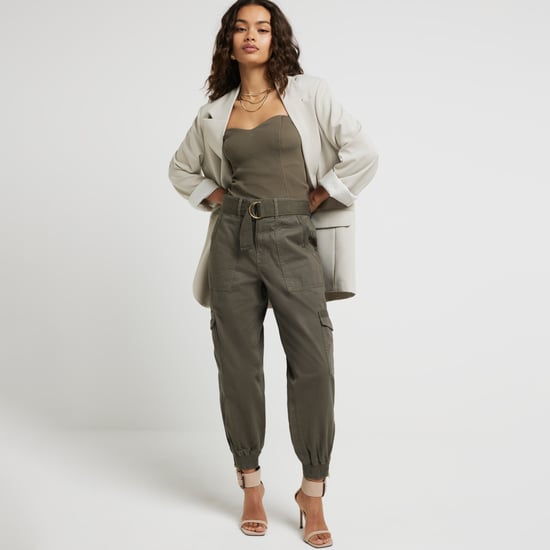 River Island Womens Cargo Trousers Petite Khaki Belted Utility