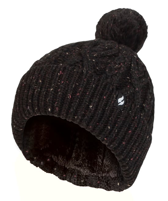 Dames Pom Pom Bobbelhoed | Heat Holders | Modieuze Chunky Warme Kabelgebreide Muts met Heatweaver Fleece Voering | Salzburg Stijl - Zwart - Image 1