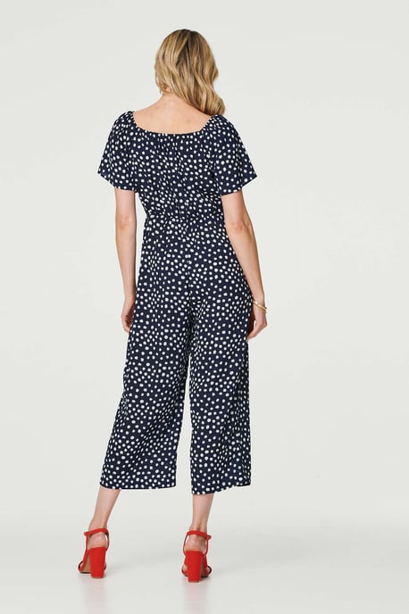 Navy Polka Dot Print Angel Sleeve Jumpsuit