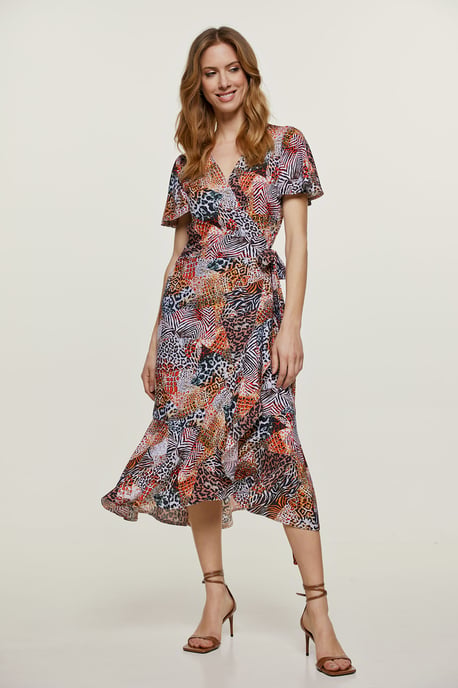 Orange Animal Print Ruffle Detail Wrap Dress